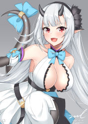 Rule 34 | 1girl, black pantyhose, blue bow, blue bowtie, blush, bow, bowtie, breasts, buckle, cleavage, collarbone, dated, dragon girl, dragon horns, dragon tail, dress, elbow gloves, epic seven, fang, gloves, grey background, hairband, horns, large breasts, leg up, long hair, looking at viewer, pantyhose, pointy ears, red eyes, sidelocks, signature, silver dress, silver hair, simple background, sleeveless, sleeveless dress, smile, snap-fit buckle, solo, standing, strap, tail, tail bow, tail bracelet, tail ornament, thighhighs, thighhighs over pantyhose, twitter username, unel, very long hair, yufine (epic seven)