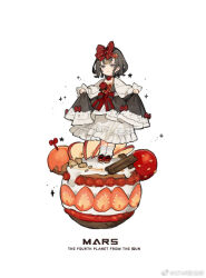 Rule 34 | 1girl, apple, black choker, black dress, black hair, bow, cake, choker, cinnamon stick, clothes lift, crumbs, dress, flower, food, fruit, jewelry, lace, lace-trimmed socks, lace trim, light smile, lolita fashion, long sleeves, looking ahead, necklace, original, planet, puffy long sleeves, puffy sleeves, purple eyes, red bow, red flower, red footwear, red ribbon, red rose, ribbon, rose, shoes, short hair, skirt, skirt lift, smile, socks, starshadowmagician, strawberry, white background, white skirt, white socks