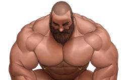 Rule 34 | 1boy, abs, bara, beard, biceps, brown hair, buzz cut, ear piercing, earrings, facial hair, jewelry, large pectorals, looking down, male focus, manly, mature male, muscular, muscular male, nesskain, nipple piercing, nude, original, pectorals, piercing, short hair, simple background, solo, thick arms, thick eyebrows, upper body, very short hair, white background