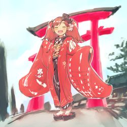 Rule 34 | 1girl, alternate costume, black kimono, blush, brown hair, closed eyes, commentary request, day, fang, flower, hair flower, hair ornament, hat, japanese clothes, kantai collection, kimono, long hair, long sleeves, obi, okobo, open mouth, outdoors, ryuujou (kancolle), sandals, sash, solo, standing, tabi, torii, twintails, visor cap, wide sleeves, yasushi