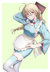 Rule 34 | 1girl, absurdres, alternate costume, antenna hair, apron, arm behind head, blonde hair, blue dress, blush, book, border, braid, commentary request, dress, earrings, feet out of frame, freckles, glasses, gradient legwear, green background, grin, hair between eyes, hand on own hip, highres, holding, holding book, itsuka (this communication), jewelry, knee up, long hair, long sleeves, looking at viewer, low twin braids, maid, nishi no chigo, outside border, pince-nez, qi maid, short dress, smile, solo, standing, stud earrings, thighhighs, this communication, twin braids, waist apron, white border, wide sleeves, yellow eyes, zettai ryouiki