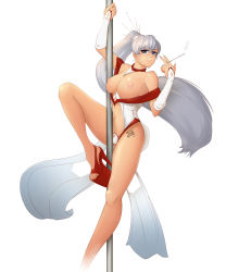 Rule 34 | 1girl, alternate costume, bare shoulders, blue eyes, breasts, breasts out, center opening, cigarette, earrings, elbow gloves, gloves, high ponytail, highres, huge breasts, jewelry, long hair, looking at viewer, navel, nipples, pole, pole dancing, ponytail, rwby, shoes, shonomi, simple background, smoking, solo, tattoo, thighhighs, very long hair, weiss schnee, white background, white hair
