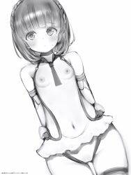 Rule 34 | 1girl, absurdres, aikawa aika, alice gear aegis, arms behind back, bare shoulders, between breasts, blunt bangs, blush, braid, breasts, cowboy shot, crown braid, dot mouth, dot nose, greyscale, highres, looking at viewer, monochrome, nanashi (nlo), necktie, necktie between breasts, nipples, open clothes, short hair, short necktie, simple background, small breasts, solo, thigh gap, translated