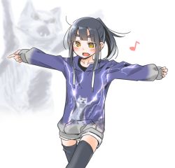 Rule 34 | 1girl, :d, akari (raigou), black hair, black thighhighs, blush, cat, cat shooting lightning, commentary request, drawstring, fang, happy, hood, hoodie, lightning, long hair, meme attire, musical note, open mouth, original, outstretched arms, ponytail, quaver, raigou, sleeves past wrists, smile, solo, spread arms, thick eyebrows, thighhighs, yellow eyes