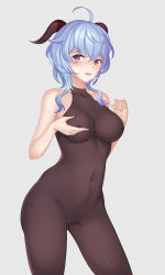 Rule 34 | 1girl, absurdres, ahoge, bad id, bad pixiv id, bare shoulders, black bodysuit, blue hair, blush, bodysuit, breast hold, breasts, cameltoe, cleft of venus, collarbone, commentary request, covered erect nipples, covered navel, ganyu (genshin impact), genshin impact, goat horns, grey background, hair between eyes, hand on own chest, highres, horns, looking at viewer, medium breasts, navel, nipples, open mouth, purple eyes, pussy, see-through, short hair, sidelocks, simple background, sleeveless, sleeveless bodysuit, solo, standing, tearing up, xixing si yao meng