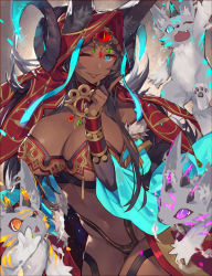 Rule 34 | 1girl, :p, aemochi, animal, animal ears, aqua eyes, blush, breasts, bridal gauntlets, cleavage, dark skin, dark-skinned female, fate/grand order, fate (series), horns, index finger raised, large breasts, long hair, looking at viewer, one eye closed, purple hair, queen of sheba (fate), smile, solo, tongue, tongue out