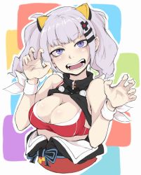Rule 34 | 1girl, animal ears, blue eyes, blush, breasts, cat ears, cleavage, d-pad, d-pad hair ornament, fake animal ears, fangs, grey hair, hair ornament, hairclip, ina (gokihoihoi), kaguya luna, large breasts, looking at viewer, open mouth, short hair, short twintails, sleeveless, smile, solo, teeth, the moon studio, tongue, twintails, upper body, virtual youtuber