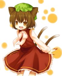Rule 34 | 1girl, animal ears, bad id, bad pixiv id, brown eyes, brown hair, cat ears, cat girl, cat tail, chen, earrings, fang, female focus, fingernails, hat, jewelry, long fingernails, multiple tails, nail, no nose, solo, tail, touhou, yuzuki (yuduame)
