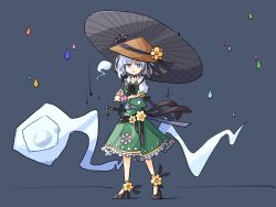 Rule 34 | 1girl, black footwear, blue background, blunt bangs, bright pupils, closed mouth, commentary, flower, frilled skirt, frilled vest, frills, full body, green skirt, grey background, grey umbrella, hat, hat flower, high heels, highres, holding, holding umbrella, konpaku youmu, konpaku youmu (ghost), light frown, looking at viewer, primsla, puffy short sleeves, puffy sleeves, rice hat, sheath, sheathed, shirt, short sleeves, simple background, skirt, skirt set, solo, standing, sword, symbol-only commentary, touhou, umbrella, vest, weapon, white hair, white pupils, white shirt, wrist cuffs, yellow flower