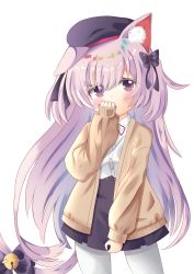 Rule 34 | 1girl, absurdres, animal ear fluff, animal ears, artist request, azur lane, bell, black hat, black skirt, bow, brown cardigan, bush, cardigan, cat ears, cat girl, cat tail, covering own mouth, hair bow, hand to own mouth, hat, highres, jingle bell, kisaragi (azur lane), kisaragi (retrofit) (azur lane), long hair, pantyhose, pink eyes, pink hair, ribbon, shirt, skirt, skirt tug, solo, tail, tail ornament, tail ribbon, two side up, white pantyhose, white shirt