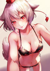Rule 34 | 1girl, animal ears, bare arms, bare shoulders, beige background, blush, bra, breasts, collarbone, commentary request, cowboy shot, dated, floral print, gradient background, grey background, hair between eyes, hat, head tilt, highres, inubashiri momiji, lips, mayonaka taruho, medium breasts, multicolored bra, multicolored clothes, multicolored panties, navel, panties, pink lips, pom pom (clothes), red eyes, short hair, side-tie panties, silver hair, solo, standing, stomach, tail, tail wagging, tassel, thighs, tokin hat, touhou, underwear, wolf ears