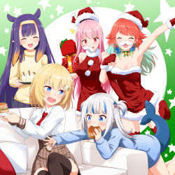 Rule 34 | 5girls, ^ ^, absurdres, alternate costume, animal ears, aqua hair, arm up, bare legs, bare shoulders, black legwear, blonde hair, blue eyes, blue hair, blue sweater, blush, box, breasts, brown skirt, burger, casual, christmas, cleavage, closed eyes, collared shirt, commentary, couch, cowboy shot, dress, dress shirt, drink, earrings, eating, english commentary, fake facial hair, fake mustache, fang, feather earrings, feathers, felutiahime, fins, fish tail, flat chest, food, food theft, fur-trimmed dress, fur-trimmed gloves, fur-trimmed headwear, fur trim, gawr gura, gift, gift box, gloves, gradient hair, green background, hair ornament, hairband, hat, highres, holding, holding tray, hololive, hololive english, holomyth, huge filesize, jewelry, locked arms, long hair, long sleeves, medium breasts, mori calliope, multicolored hair, multiple girls, necktie, ninomae ina&#039;nis, off-shoulder dress, off shoulder, open mouth, orange hair, pink hair, plaid, plaid skirt, plate, pleated skirt, pocket watch, pointy ears, pom pom (clothes), purple hair, purple skirt, reaching, red eyes, red gloves, red headwear, red neckwear, ribbed sweater, santa costume, santa dress, santa hat, shark hair ornament, shark tail, shirt, short hair, short twintails, silver hair, simple background, sitting, skirt, sleeveless, sleeveless dress, smile, star (symbol), starry background, straight hair, streaked hair, sweatdrop, sweater, tail, takanashi kiara, tentacle hair, thighhighs, tray, twintails, twitter username, two-tone hair, virtual youtuber, watch, watson amelia, wing collar, yellow sweater, zettai ryouiki