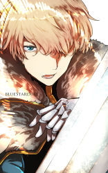 Rule 34 | 10s, 1boy, armor, artist name, blonde hair, cape, excalibur galatine (fate), fate/extra, fate (series), fighting stance, fur-trimmed cape, fur trim, gauntlets, gawain (fate), green eyes, hair over one eye, highres, holding, holding sword, holding weapon, kojima (blue stardust), male focus, simple background, solo, sword, weapon, white background