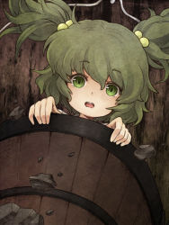 Rule 34 | 1girl, bad id, bad pixiv id, bucket, face, female focus, green eyes, green hair, hair bobbles, hair ornament, in bucket, in container, kisume, matching hair/eyes, short hair, solo, touhou, twintails, urin