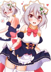 Rule 34 | absurdres, back, back bow, bare shoulders, blush, bow, bowtie, breasts, clothes lift, cosplay, cross-laced clothes, double bun, eleven (eleven szm11), flower, gloves, grey hair, hair bun, hair flower, hair ornament, hairband, highres, kokkoro (princess connect!), looking at viewer, maid, medium breasts, pink bow, pink bowtie, pointy ears, princess connect!, purple eyes, simple background, skirt, skirt lift, suzume (princess connect!), suzume (princess connect!) (cosplay), teeth, thighhighs, upper teeth only, white background, white gloves, white thighhighs