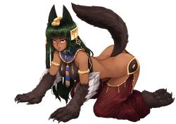 Rule 34 | 1girl, 3:, 3:&lt;, all fours, animal ears, animal hands, anubis (monster girl encyclopedia), armlet, ass, ass cutout, back, barbariank, bare shoulders, blush, breasts, butt crack, claws, clothing cutout, crotch cutout, dark-skinned female, dark green hair, dark skin, egyptian, egyptian clothes, full body, fur, gold, green hair, harem outfit, harem pants, highres, jewelry, long hair, medium breasts, monster girl, monster girl encyclopedia, pants, red eyes, revealing clothes, solo, tail, tail raised, transparent background, v-shaped eyebrows
