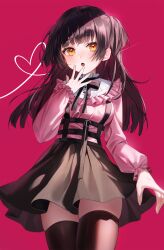 Rule 34 | 1girl, absurdres, black thighhighs, blush, hand up, harness, highres, idolmaster, idolmaster shiny colors, knowa, long hair, mayuzumi fuyuko, pink background, skirt, solo, standing, thighhighs, yellow eyes