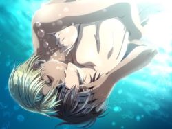 Rule 34 | 2boys, age difference, blonde hair, brown hair, bubble, closed eyes, dutch angle, game cg, hand in own hair, hug, kiss, lawrence lancaster, might, multiple boys, nude, silver chaos, takatsuki noboru, underwater, upside-down, vividcolor, yaoi