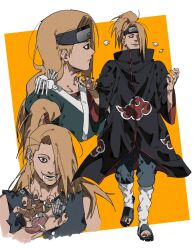 1boy absurdres akatsuki_uniform black_coat blonde_hair blue_eyes chasenmage coat deidara_(naruto) dong2taku forehead_protector green_kimono highres iwagakure_symbol japanese_clothes kimono long_hair male_focus motoyui naruto_(series) naruto_shippuuden open_mouth simple_background toeless_footwear tongue tongue_out two-tone_background