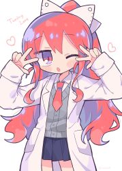 Rule 34 | 1girl, :o, blue skirt, blush stickers, bow, buttons, coat, collared shirt, double v, grey sweater vest, hair bow, hands up, heart, highres, lab coat, long hair, looking at viewer, nanawo akari, necktie, one eye closed, open clothes, open coat, pleated skirt, pocket, ponytail, red eyes, red hair, red necktie, richard (richaball), shirt, sidelocks, simple background, skirt, solo, song name, sweater vest, turing love, v, white background, white bow, white coat, white shirt