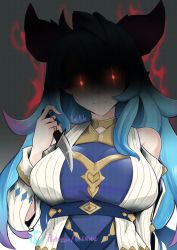 Rule 34 | 1girl, angry, artist name, bare shoulders, blue hair, breasts, dragalia lost, dragon girl, dragon horns, highres, holding, holding knife, horns, jewelry, knife, large breasts, long hair, looking at viewer, mercury (dragalia lost), multicolored hair, patreon username, pink hair, red eyes, ring, solo, upper body, vialnite