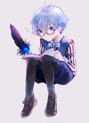 Rule 34 | 10s, 1boy, blue eyes, blue hair, book, child, fate/extra, fate/extra ccc, fate (series), glasses, hans christian andersen (fate), male focus, matching hair/eyes, pantyhose, pantyhose under shorts, quill, short hair, shorts, solo, wowishi, writing