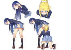 Rule 34 | 10s, 2girls, ass, ayase eli, bad id, bad pixiv id, bent over, black hair, blazer, blonde hair, blue eyes, blush, clothes lift, hand in own hair, highres, implied cunnilingus, jacket, kzhu, long hair, long sleeves, love live!, love live! school idol project, multiple girls, pleated skirt, ponytail, school uniform, scrunchie, shirt, skirt, skirt lift, sonoda umi, sweat, tongue, tongue out, very long hair, yellow eyes, yuri