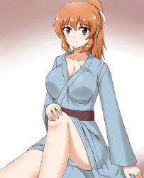 Rule 34 | 1girl, absurdres, blue eyes, blush, breasts, charlotte e. yeager, cleavage, collarbone, hair ribbon, hand on own knee, highres, hiroshi (hunter-of-kct), japanese clothes, kimono, large breasts, long hair, long sleeves, orange hair, ponytail, ribbon, sitting, smile, solo, strike witches, world witches series, yukata