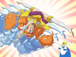 Rule 34 | 1boy, 1girl, adventure time, afterimage, amanogawa kirara, bare shoulders, boots, choker, crossover, cure twinkle, dress, earrings, full body, gloves, go! princess precure, gradient background, ice king, jewelry, long hair, magical girl, multicolored hair, orange hair, precure, purple eyes, shimotsuki juugo, smile, solo, spinning bird kick, split, spread legs, star (symbol), star earrings, twintails, two-tone hair