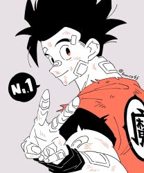 Rule 34 | bandages, black hair, blood, blood on face, dragon ball, happy, highres, scratches, smile, son gohan, tagme, v, victory pose