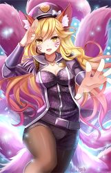 Rule 34 | 10s, 1girl, 2016, ahri (league of legends), alternate costume, alternate hair color, animal ears, artist name, bad id, bad pixiv id, belt, blonde hair, bow, breasts, brown pantyhose, cleavage, epaulettes, eyebrows, facial mark, felicia-val, fox ears, fox tail, hair between eyes, hat, hat bow, hat ribbon, heart, heart necklace, jacket, jewelry, league of legends, light particles, long hair, long sleeves, microphone, multiple tails, necklace, open clothes, open jacket, outstretched arm, palms, pantyhose, peaked cap, popstar ahri, reaching, ribbon, salute, shade, signature, smile, solo, sparkle, tail, whisker markings, white bow