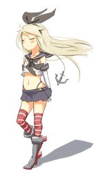 Rule 34 | 10s, 1girl, anchor hair ornament, blonde hair, closed eyes, commentary request, crop top, elbow gloves, gloves, hair blowing, hair ornament, hairband, highleg, highleg panties, highres, ito (itokayu), itokayu, kantai collection, long hair, midriff, miniskirt, navel, neckerchief, panties, shimakaze (kancolle), skirt, smile, solo, striped clothes, striped thighhighs, thighhighs, underwear, white background