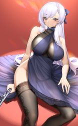 Rule 34 | 1girl, absurdres, azur lane, bare shoulders, belfast (azur lane), black thighhighs, blue dress, blue eyes, breasts, dress, hair ribbon, halter dress, halterneck, highres, large breasts, leaning to the side, looking at viewer, lordol, ribbon, seductive smile, side slit, sitting, smile, solo, thighhighs, white hair