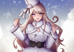 Rule 34 | 1girl, azur lane, blonde hair, blue eyes, blush, breasts, coat, cross, cross necklace, fingernails, fur hat, hands up, hat, heterochromia, jewelry, long hair, looking at viewer, mianamaxi, murmansk (azur lane), necklace, open mouth, papakha, purple eyes, simple background, smile, snowflake background, snowflakes, solo, white coat, white hat, winter clothes, winter coat