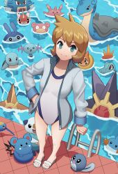 Rule 34 | 1girl, azurill, blonde hair, buizel, closed mouth, collarbone, commentary, corsola, creatures (company), game freak, gen 1 pokemon, gen 2 pokemon, gen 3 pokemon, gen 4 pokemon, gen 5 pokemon, green eyes, gyarados, hand in pocket, hirosenpai, jacket, lapras, long sleeves, looking at viewer, mantyke, misty (pokemon), mudkip, nintendo, one-piece swimsuit, open clothes, open jacket, oshawott, pokemon, pokemon (creature), pokemon hgss, poliwag, pool, pool ladder, sandals, seaking, slowpoke, smile, squirtle, standing, starmie, staryu, surskit, swimsuit, swimsuit under clothes, totodile, water, white footwear, white one-piece swimsuit, wooper
