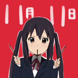 Rule 34 | 1girl, black hair, blazer, brown hair, food, jacket, k-on!, long hair, looking at viewer, megane chuu, nakano azusa, pocky, pocky day, school uniform, solo, twintails