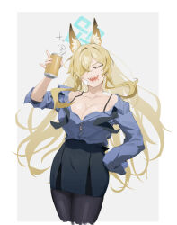 Rule 34 | 1girl, absurdres, alcohol, animal ears, beer, beer can, black skirt, blonde hair, blue archive, blue halo, blue shirt, breasts, can, cleavage, closed eyes, collarbone, commentary, drink can, hair over one eye, halo, highres, holding, holding can, kanna (blue archive), large breasts, long hair, long sleeves, myomu, one eye closed, open mouth, pantyhose, sharp teeth, shirt, skirt, smile, solo, symbol-only commentary, teeth