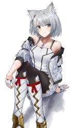 Rule 34 | 1girl, absurdres, animal ears, arm behind back, black legwear, cat ears, cat girl, closed mouth, dierbeibanjia, fingerless gloves, gloves, grey hair, half gloves, highres, jacket, jewelry, looking at viewer, medium hair, mio (xenoblade), open clothes, open jacket, shirt, simple background, sitting, sleeveless, sleeveless shirt, solo, white background, white gloves, white jacket, white shirt, xenoblade chronicles (series), xenoblade chronicles 3, yellow eyes