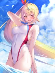 Rule 34 | 1girl, armpits, bare shoulders, blonde hair, blush, breasts, competition swimsuit, hair ornament, hair ribbon, heterochromia, highleg, highleg swimsuit, highres, hoshikawa sara, large breasts, long hair, looking at viewer, nijisanji, one-piece swimsuit, open mouth, red eyes, ribbon, side ponytail, smile, solo, swimsuit, virtual youtuber, x hair ornament, yellow eyes, yoshiheihe