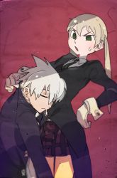 Rule 34 | 1boy, 1girl, black jacket, blonde hair, blush, closed eyes, closed mouth, drooling, flat chest, gloves, green eyes, green neckwear, grey hair, half-closed eye, hand on own hip, idkuroi, jacket, juliet sleeves, leaning back, light blush, long hair, long sleeves, looking at another, looking down, maka albarn, miniskirt, necktie, open mouth, plaid, plaid skirt, pleated skirt, puffy sleeves, red background, red skirt, saliva, shirt, short hair, simple background, skirt, skull, sleeping, sleeve cuffs, soul eater, soul evans, spiked hair, standing, striped neckwear, sweat, twintails, uneven eyes, white gloves, white shirt