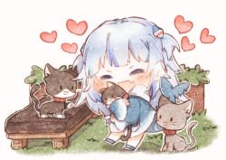 Rule 34 | 1girl, ^ ^, animal, bad id, bad twitter id, bed, black eyes, blue hair, blunt bangs, cat, chibi, closed eyes, collar, dokkun0818, fang, gawr gura, heart, holding, holding animal, hololive, hololive english, minecraft, multicolored hair, open mouth, silver hair, streaked hair, two side up, virtual youtuber