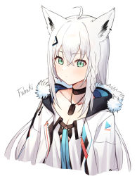 Rule 34 | 1girl, ahoge, animal ear fluff, animal ears, black choker, blush, braid, breasts, character name, choker, cleavage, closed mouth, collarbone, commentary request, cropped torso, dress, fox ears, green eyes, hair between eyes, hair ornament, hairclip, highres, hololive, jacket, long hair, looking at viewer, off-shoulder dress, off shoulder, open clothes, open jacket, shirakami fubuki, shirakami fubuki (1st costume), side braid, simple background, small breasts, solo, syhan, upper body, very long hair, virtual youtuber, white background, white dress, white hair, white jacket