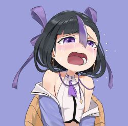 Rule 34 | 1girl, black hair, crop top, crying, crying with eyes open, goddess of victory: nikke, hair ribbon, highres, jacket, medium hair, mikkotine, multicolored hair, necktie, open mouth, purple background, purple eyes, purple hair, purple jacket, purple necktie, purple ribbon, ribbon, shirt, simple background, solo, streaked hair, syuen (nikke), tears, upper body, white shirt