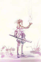 Rule 34 | 1girl, armor, monochrome, purple theme, short hair, sketch, solo, sword, tamago, tamago (yotsumi works), weapon