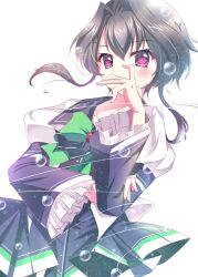 Rule 34 | 1girl, 9-nine-, black hair, black skirt, blush, bow, chuunibyou, commentary, covered mouth, cowboy shot, eyelashes, floating hair, frilled sleeves, frills, green bow, hair between eyes, hair intakes, hair ornament, hairclip, hand to own mouth, hand up, highres, juliet sleeves, light particles, long sleeves, looking at viewer, pleated skirt, puffy sleeves, red eyes, school uniform, short hair with long locks, simple background, skirt, soap bubbles, solo, sukonbu385, white background, wide sleeves, yuuki noa
