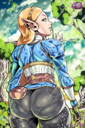 Rule 34 | 1girl, artist request, ass, blonde hair, day, gloves, green eyes, highres, huge ass, leggings, long hair, nintendo, pants, princess zelda, solo, sunlight, the legend of zelda, the legend of zelda: breath of the wild, tight clothes, tight pants