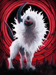 Rule 34 | 7 phi 3, absol, animal focus, commentary request, creatures (company), forehead jewel, game freak, gen 3 pokemon, highres, horns, looking at viewer, nintendo, no humans, pokemon, pokemon (creature), red background, red eyes, ringed eyes, single horn, white fur