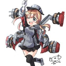 Rule 34 | 10s, 1girl, ;d, anchor hair ornament, arm up, bad id, bad twitter id, black ribbon, black skirt, black thighhighs, blonde hair, blue eyes, blush, darkside, gloves, hair ornament, hair ribbon, hat, kantai collection, leg up, long hair, long sleeves, machinery, military, military uniform, miniskirt, one eye closed, open mouth, over-kneehighs, peaked cap, pleated skirt, prinz eugen (kancolle), ribbon, signature, simple background, skirt, smile, solo, thighhighs, turret, twintails, uniform, white background, white gloves