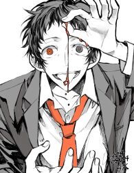 Rule 34 | 1boy, adachi tooru, ambiguous red liquid, arm up, dated, greyscale, hand up, heterochromia, highres, jacket, long sleeves, looking at viewer, magaininninnin, male focus, monochrome, necktie, ok sign, open clothes, open jacket, persona, persona 4, red eyes, red necktie, short hair, signature, solo, spot color, tongue, tongue out, upper body, white background