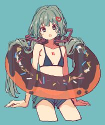 Rule 34 | 1girl, 3774., alternate costume, alternate eye color, alternate hair color, alternate hairstyle, aqua background, arm support, bikini, bikini top only, black shorts, breasts, chest tattoo, commentary, cropped legs, doughnut innertube, grey eyes, grey hair, hair flowing over, hair ornament, hatsune miku, heart, heart hair ornament, highres, invisible chair, light blush, long hair, looking at viewer, low twintails, navel, number tattoo, open mouth, raised eyebrow, short shorts, shorts, sitting, small breasts, solo, swimsuit, tattoo, twintails, very long hair, vocaloid